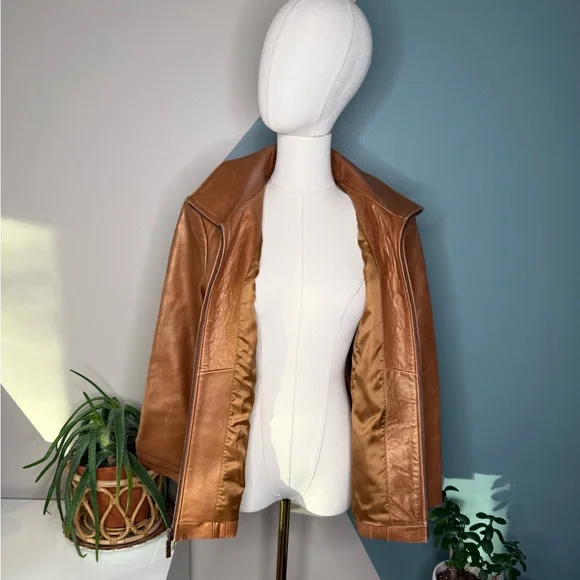 Jones New York Cognac Leather Jacket M Fitted Y2K Zip Tailored Caramel Blazer - Picture 4 of 14